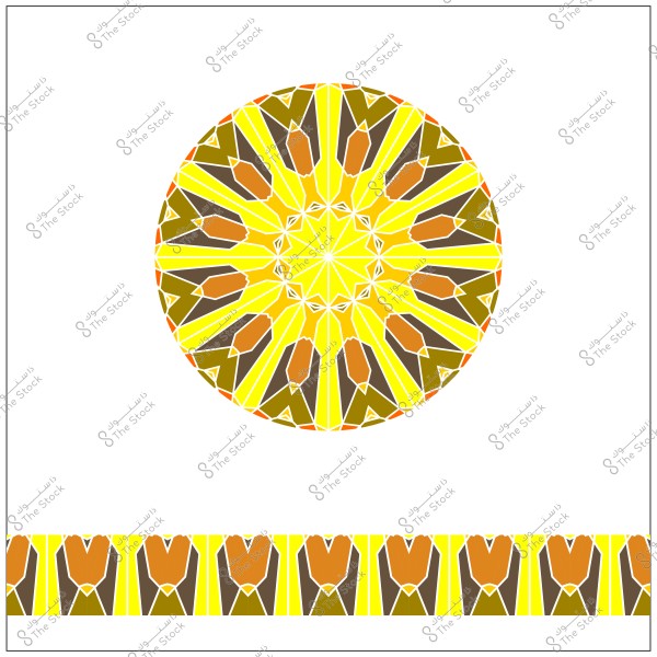 نمط هندسي دائري بألوان صفراء وبنية وبرتقالية مع تصميم مشابه في شريط أسفل الصورة.