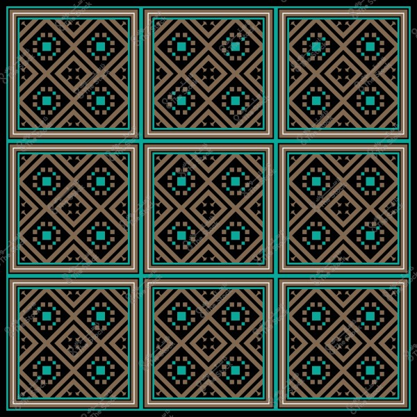 نمط زخرفي مكون من مربعات هندسية بألوان البني والتركواز مقسمة إلى تسعة أجزاء من البلاط المتكرر.