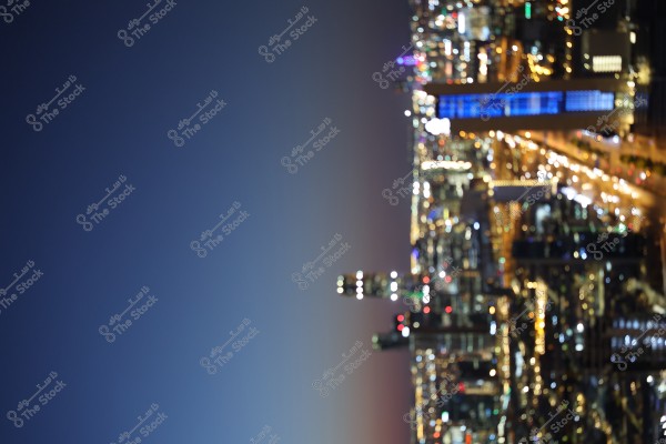 تظهر الصورة مدينة حديثة مليئة بالأضواء ليلاً. تظهر المباني الشاهقة مضاءة, مما يخلق تأثيرًا بصريًا غنيًا بالنور على خلفية السماء الداكنة. أضواء السيارة تشكل خطوطًا مضيئة على طرق المدينة. تعطي الإضاءة وتوزيعها إحساسًا بالحركة والحياة.