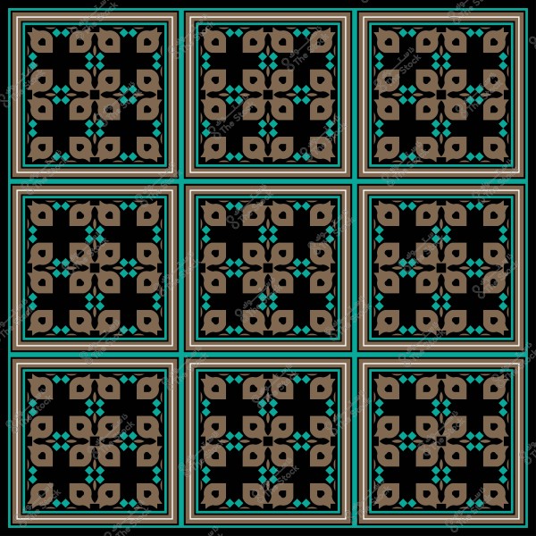 Tile design with a geometric pattern consisting of square shapes in brown and turquoise on a black background.