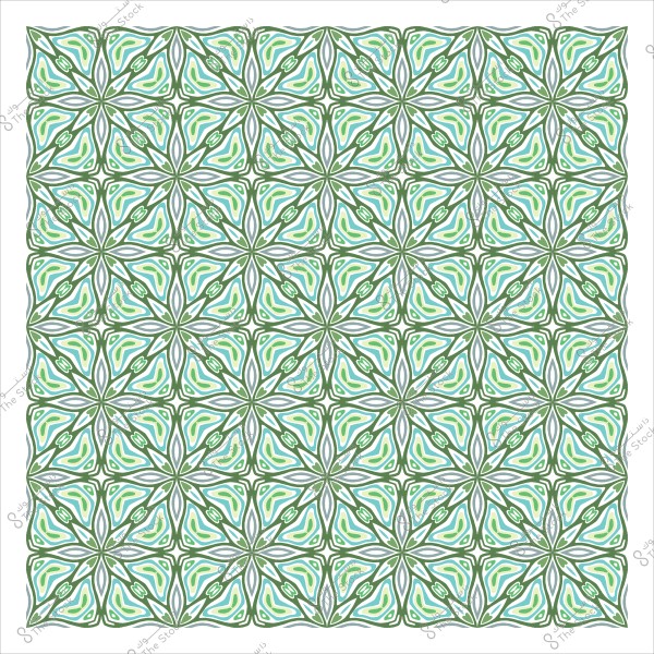 A green geometric design featuring repeated decorative patterns with interlocking geometric shapes.