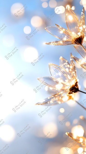 The image features transparent metallic flowers illuminated from within, appearing to be made of glass or clear plastic with golden lighting. The background is blurred with gradient blue and white colors, showcasing a bokeh light effect.