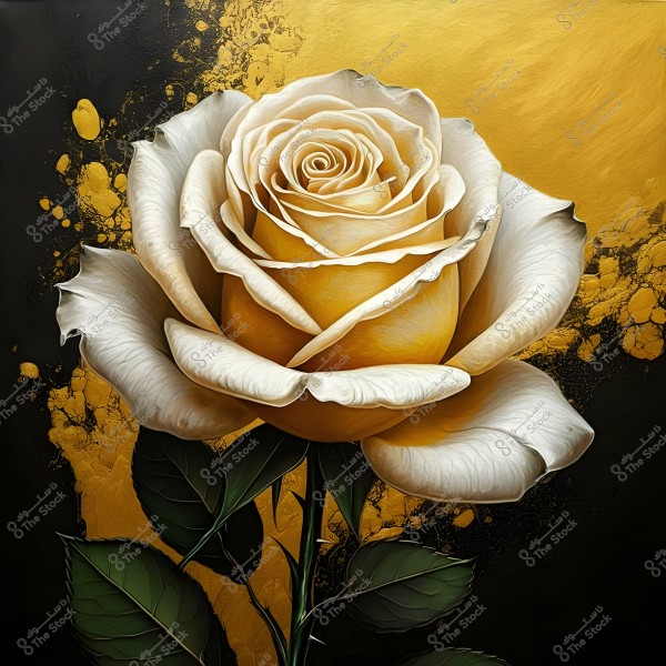 An image of a digital painting of a beautiful white rose with golden hues set against an abstract background filled with black and gold splatters and paint. The image showcases intricate details in the rose petals and green leaves.