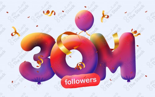 Banner with 30M followers thank you in form of 3d red balloons and colorful confetti. Vector illustration 3d numbers for symbolizing the colors of Instagram, to express thanks to the followers