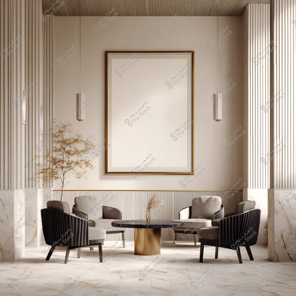 A living room with a modern design featuring four comfortable chairs and a round table with a marble top and golden base. The walls are decorated with ribbed panels and a large empty picture frame in the center. There is a decorative plant on the left side. The space has neutral colors and soft natural lighting.