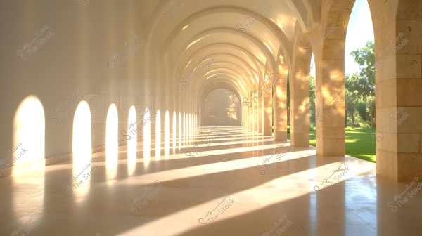 A long arched corridor with stone columns and sunlight streaming through the arches, creating shadows on the shiny floor. Green grass and more trees can be seen outside through the openings.