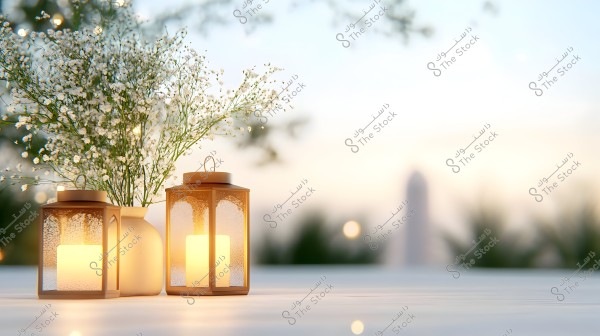 A serene natural scene featuring two lit lanterns in a bronze color placed on a wooden surface, next to a white vase containing delicate white flowers. The setting appears to be at sunset, with a soft light and blurred trees visible in the background.