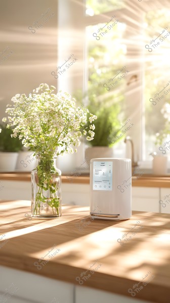 A glass vase containing small white flowers is placed on a wooden kitchen countertop in bright daylight, next to a modern white home appliance with an electronic display showing some information. In the background, sunlight streams in through a large window, giving the scene a warm and bright touch.