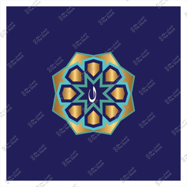 تصميم زخرفي إسلامي باللونين الأزرق والذهبي مع نمط نجمي يحتوي على أشكال هندسية.