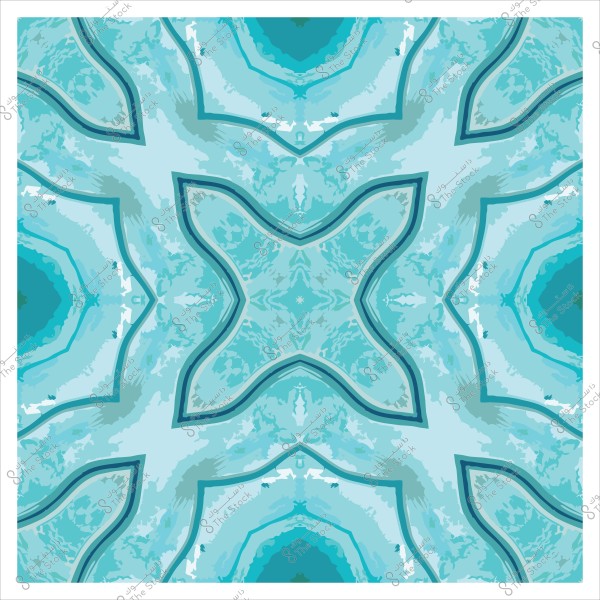 A geometric pattern with blue and green ornamental shapes in a wavy, repeating design.