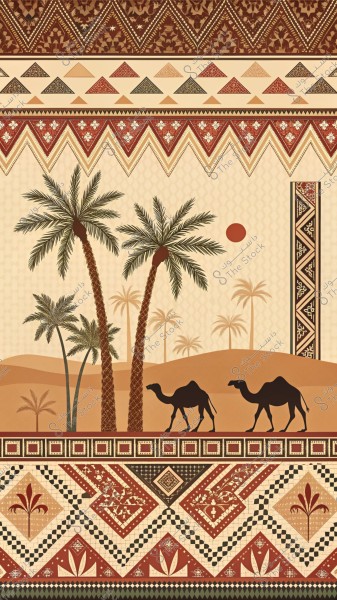 صورة فنية تُظهر مشهدًا صحراويًا مع جِمال تسير أمام أشجار النخيل. يظهر في الخلفية جبال رملية تحت شمس حمراء. الإطار يحتوي على أنماط هندسية تقليدية بألوان بنية, حمراء وبرتقالية تعكس التراث العربي.