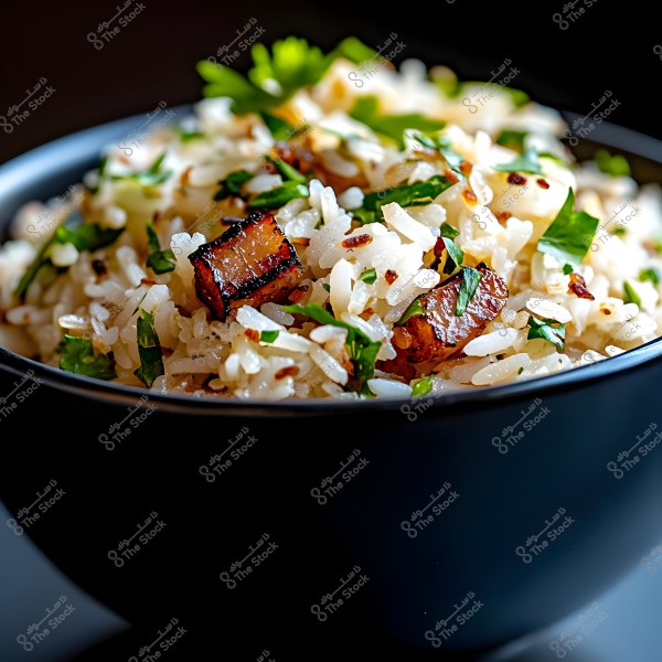 An image showing a bowl of white rice in a black bowl, garnished with fresh green herbs and small pieces of browned meat. The rice appears fresh and perfectly cooked, with a balanced distribution of ingredients throughout the dish.