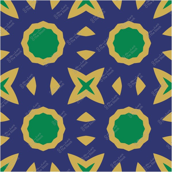 نمط زخرفي بأشكال هندسية خضراء وصفراء على خلفية زرقاء.