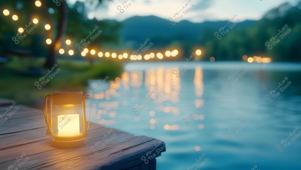 A sunset scene over a lake with soft lighting. A lit lantern sits on a wooden surface in the foreground, with reflections of lights on the water. There are glowing lights along the trees in the background, with mountains visible on the horizon.