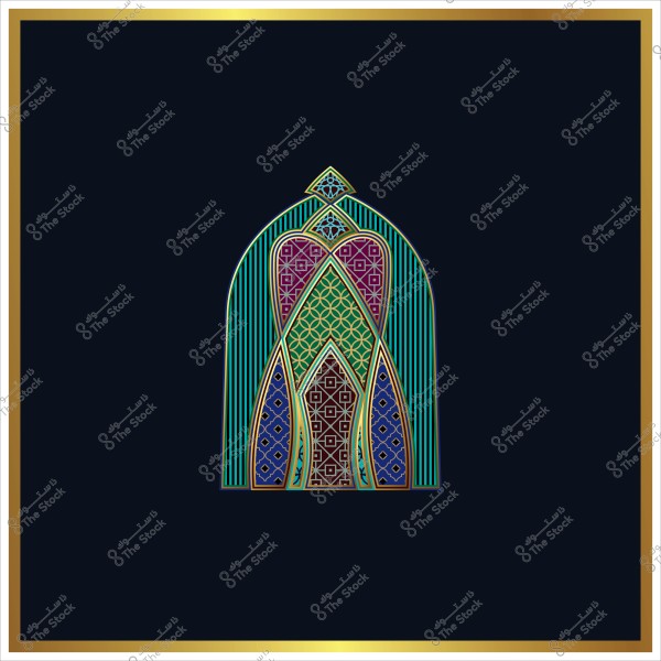 تصميم زخرفي هندسي مستوحى من الفن الإسلامي يظهر في وسط الصورة محاط بإطار ذهبي. الأشكال تتضمن أنماطاً معقدة بألوان متعددة مثل الأزرق, الأخضر, والبنفسجي تتداخل مع خطوط ذهبية, على خلفية داكنة.

-
