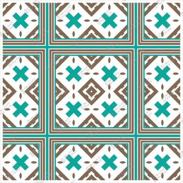 نمط هندسي مزخرف بأشكال متقاطعة ومتعامدة بألوان بني وأخضر فيروزي على خلفية بيضاء.