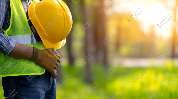 Image of a worker wearing a checkered shirt and a yellow high-visibility vest, holding a yellow hard hat and protective gloves. The background is blurred with trees and natural outdoor lighting.