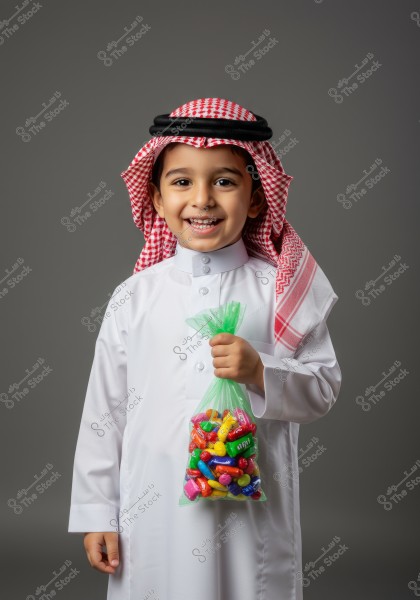A portrait of a child wearing traditional Saudi attire, the white thobe and red checkered shemagh, holding a transparent green bag filled with colorful candies, smiling at the camera. The background is a simple grey.