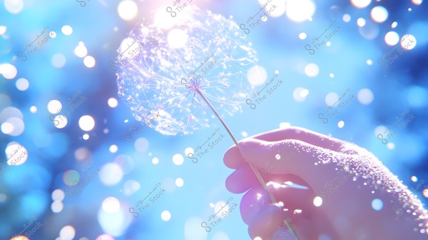 A hand holds a dandelion illuminated by bright sunlight. The blue background features visual effects of sparkling light spots creating a dreamy and luminous atmosphere.
