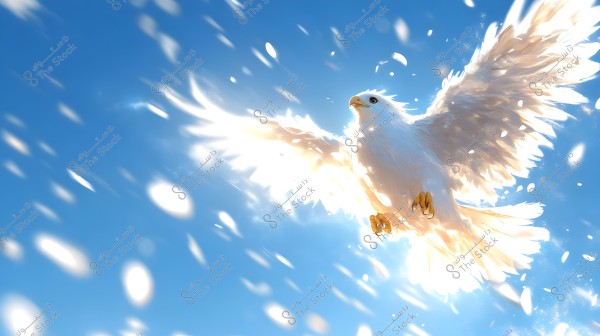 Image of a large white bird soaring in the clear blue sky. The bird resembles an eagle or falcon, with wide open wings and bright features under the sunlight. There is a glow of white light and flying white specks filling the scene, imparting a sense of movement and freedom to the image.