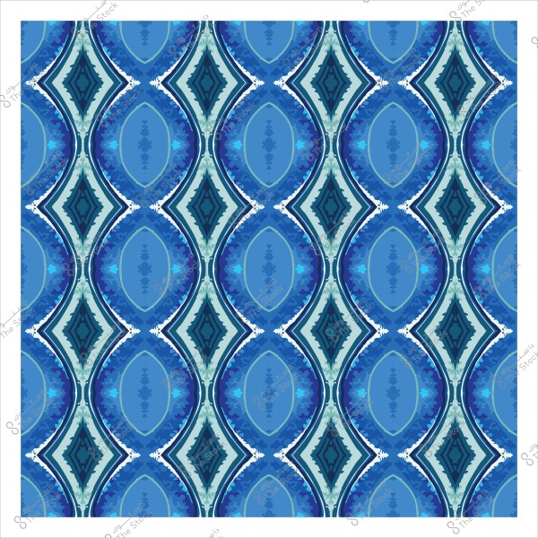 Geometric pattern with interlocking blue colors and repeated oval shapes.