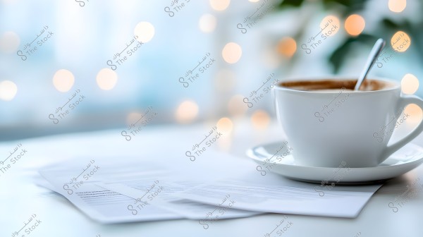 An image showing a white coffee cup with a saucer and a silver spoon, placed on a white table with a stack of papers. The background has out-of-focus lights providing a warm and radiant effect.