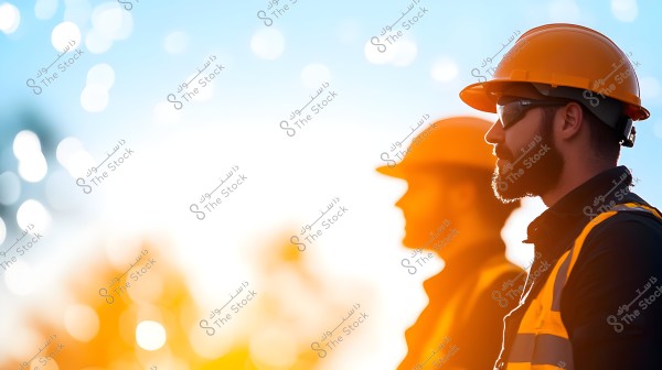 The image shows two construction workers wearing orange safety helmets and reflective vests. The worker in the foreground is wearing sunglasses, with a blurred background featuring bright colors like blue and orange.