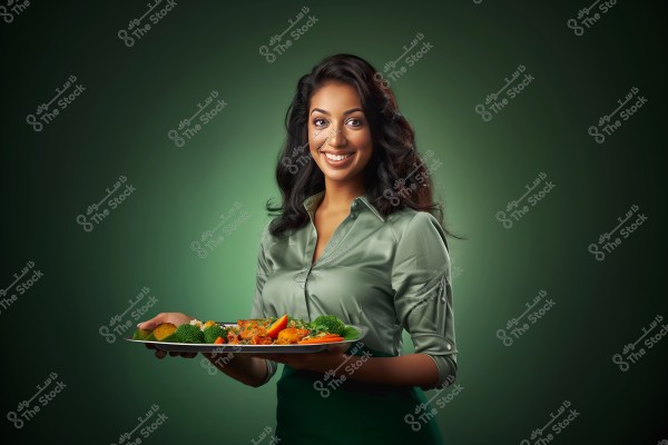An image of a young woman with long dark hair wearing a light green shirt. She is standing against a green background, smiling while holding a plate of fresh vegetables like broccoli and carrots, along with spiced chicken pieces. The woman appears to be of South Asian origin, dressed in a modern casual outfit.