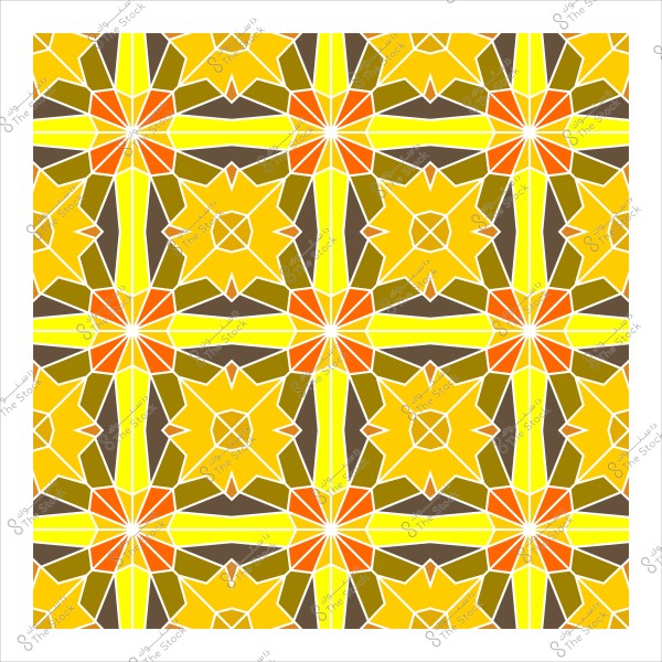 نمط هندسي مكوّن من أشكال نجمية بزوايا حادة بألوان برتقالية وصفراء وبنية. التصميم يحتوي على تكرار لوحدات مزخرفة بشكل متناظر يخلق تأثيراً ثلاثي الأبعاد ويضفي مظهراً معقداً وجذاباً.

-