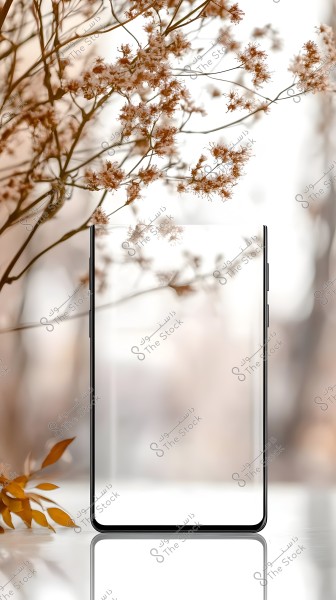An image of a smartphone with an almost transparent screen placed on a reflective surface. In the background, there are plant branches with small brown flowers, creating a natural contrast in the design. The composition features natural beauty with scattered petals.