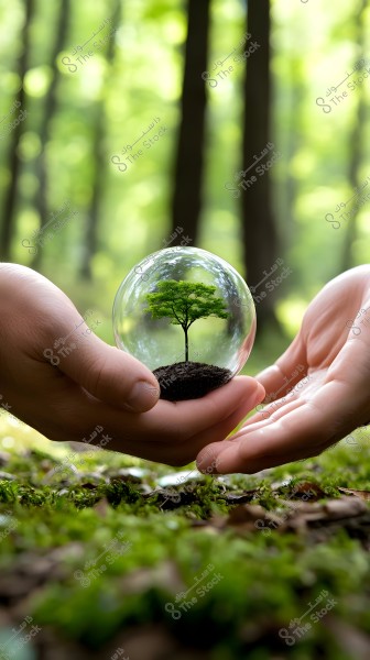 Two hands holding a glass sphere containing a small tree planted in soil, with a blurred green forest background. The hands are positioned above green moss on the ground, symbolizing protection of nature and the environment.