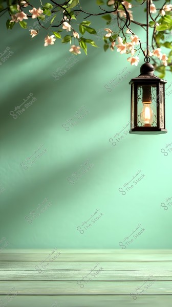 A suspended lantern beside a branch with white flowers and green leaves. The lantern has a dark metal frame with transparent glass showing a warm light inside. The background is a light green color, and the surface resembles wood painted in a similar shade.