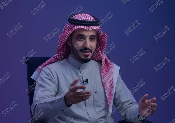 A portrait of a man wearing traditional Saudi attire, seated on a chair with a blue backdrop. He is dressed in a white thobe and a red and white shemagh with a black agal. He appears to be speaking or explaining something, with one hand raised.
