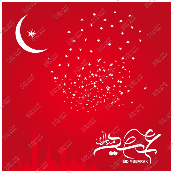 صورة بخلفية حمراء تتضمن هلالاً وعدداً من النجوم البيضاء مع عبارة \"عيد مبارك\" مكتوبة باللغة العربية.