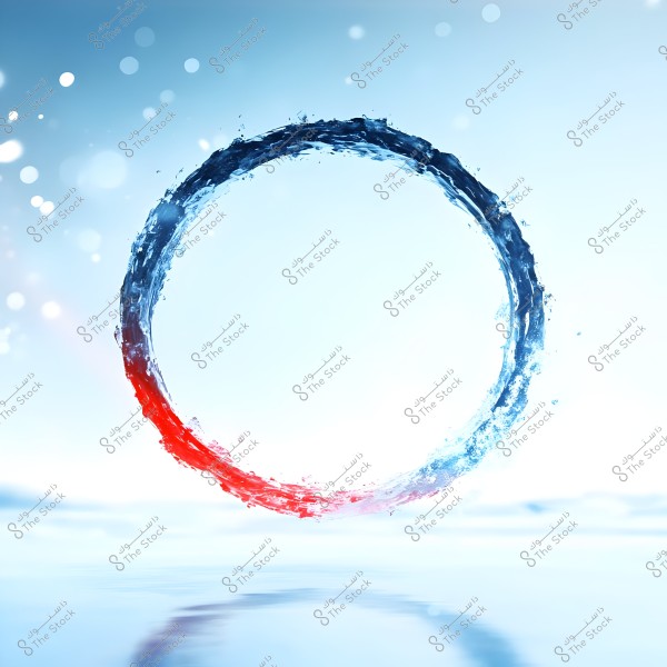 An abstract image depicting a circular ring made of water in shades of blue with touches of red. The circle appears to be in motion, constructed from liquid texture, against a light blue background with sparkling dots enhancing the soft feel.
