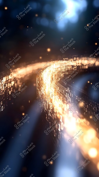 An abstract image depicting a flowing path of binary numbers, zeros and ones, moving in a continuous stream against a dark background. The numbers appear to be swirling in a sequential orbit, forming a digital wave as the light curves like a shimmering river reflecting its glow.