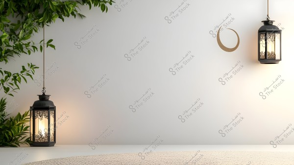 An image displaying two traditional Arabic lanterns hanging with warm yellow lighting, intertwined with a branch of green foliage on the left side. A golden crescent is visible on the white wall in the background, suggesting a Ramadan or festive atmosphere.