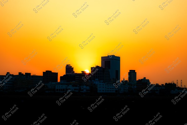 Sunset view over the city skyline with buildings silhouetted against the orange sky.