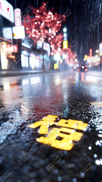 An image of a neon-lit street in the rain at night. Rain droplets are visible as they fall, with light reflecting off the wet asphalt, creating a blurred effect. In the background, advertising lights and street signs are visible with a red-lit sign on a tree.