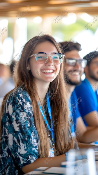 A photo of a young woman with long hair and a wide smile wearing glasses. She is wearing a colorful shirt and a blue lanyard around her neck in an indoor setting with other people visible in the background seated.