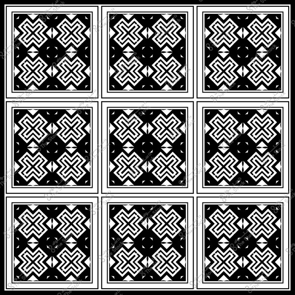 نمط هندسي بالأبيض والأسود مكون من تسعة مربعات وزخارف متكررة.