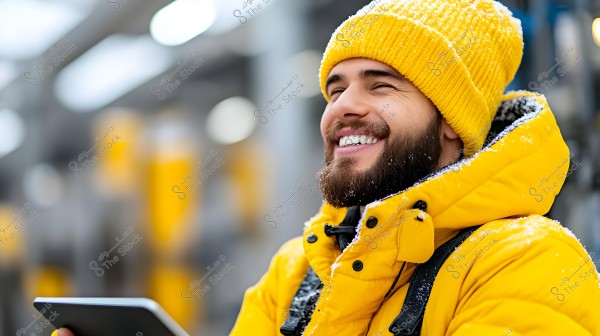A portrait of a bearded man wearing a bright yellow snow jacket and hat. He has a wide smile on his face and is holding a tablet in his left hand. The background is blurred, with snow effects visible on the jacket and hat, indicating cold weather. The vibrant winter clothing suggests the image might be set in a cold or snowy environment.