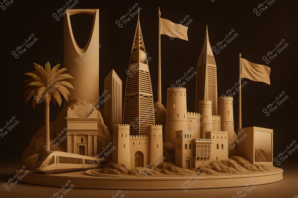 The image depicts a paper-crafted scene featuring a collection of iconic landmarks in Saudi Arabia. It includes the Kingdom Tower and Al Faisaliah Tower, alongside traditional buildings and fortified walls. A modern train and a palm tree are also showcased, reflecting a balance between modernity and heritage. The golden colors enhance the aesthetic appeal and provide an artistic touch to the design.