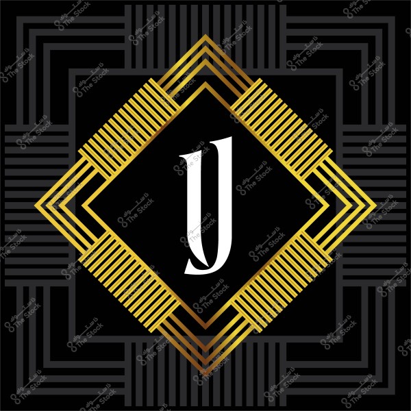 A decorative design featuring the letter \"J\" in white English lettering. The letter is enclosed within a diamond-shaped frame in gold and black, with intersecting gold lines forming a geometric pattern around it. The background is black with gray accents, enhancing the artistic composition.