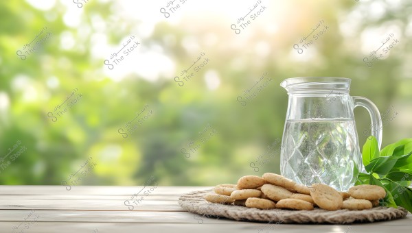 A glass pitcher filled with water is placed on a wooden surface next to a collection of cookies on a round mat. The background shows a blurred effect of green foliage, giving a calm and natural ambiance.