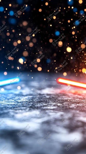 An abstract image featuring a bokeh effect against a dark background, with small scattered lights in warm tones of orange and blue. At the bottom, there is a glowing blue light source on the left and a red one on the right, providing a subtle glow on the misty gray surface in the foreground.