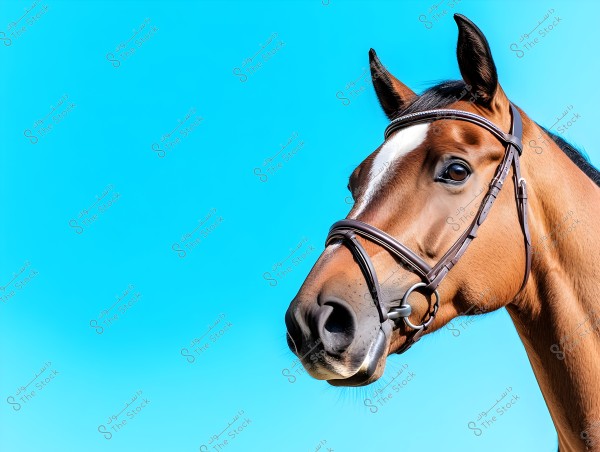 Image of a brown horse\'s head with a brown leather bridle covering its face. The horse is set against a bright blue background. It has a white stripe on its forehead and its ears are upright.