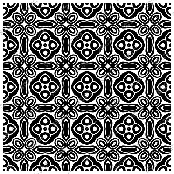 Black and white geometric pattern featuring floral shapes and intersecting lines, repeated design.