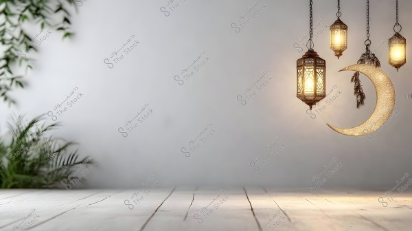 An image featuring Ramadan decor with three lit lanterns and a crescent moon hanging by chains against a gray wall background. A green plant grows in the lower left corner of the space, and the floor appears wooden.
