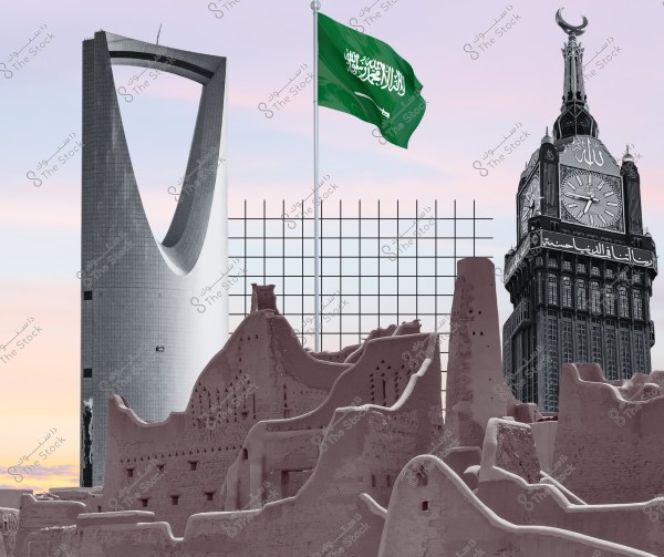 Image featuring a blend of cultural and architectural icons of Saudi Arabia, including traditional mud buildings in the foreground, the iconic modern Kingdom Tower on the left, and the Makkah Clock Tower on the right. The Saudi flag waves in the center against a sunset-colored sky.